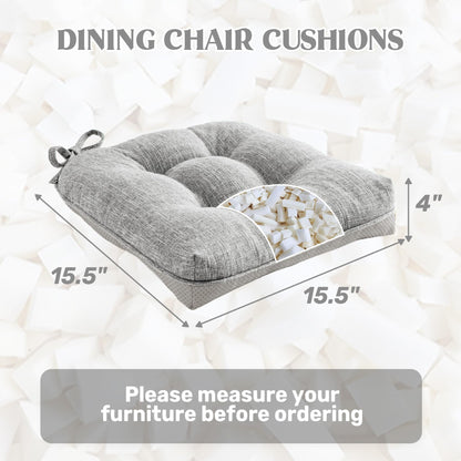 puredown® Stuhlkissen für Esszimmerstühle, gesteppte Memory-Schaum-Stuhlkissen mit rutschfester Unterseite, Küchensitzkissen mit Bändern, waschbares 4er-Set, 39,4 x 39,4 x 10,2 cm, Hellgrau