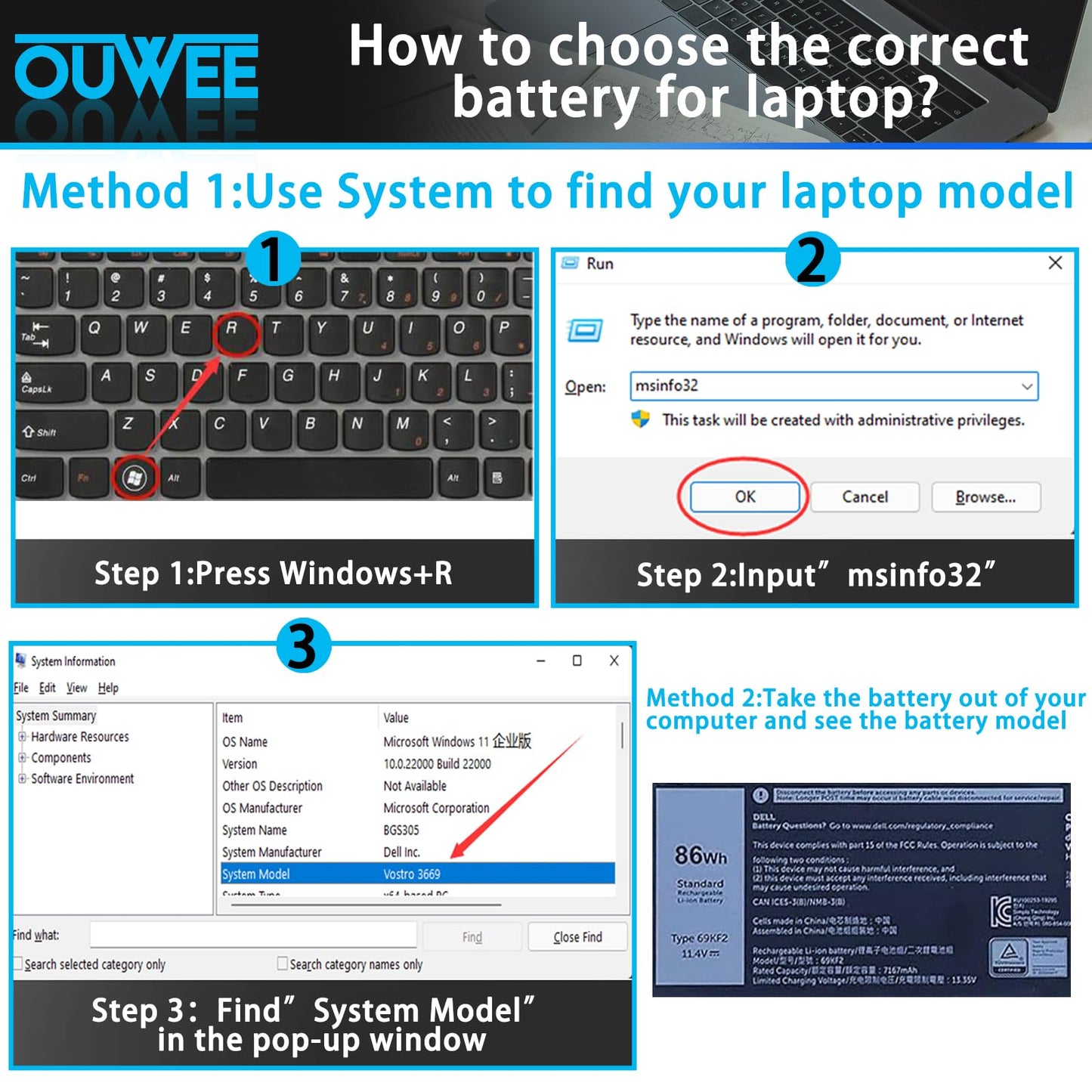 OUWEE 86Wh 69KF2 Ersatzakku für Dell G7 15 7500, G15 5510, 5511, 5515, 5520, 5521, XPS 15 9500, 9510, 9520, Precision 5550, 5560, 5570, Alienware M15 R3, R4, M17 R3, R4, Inspiron 7510, 7610, 7620, P87F, P91F