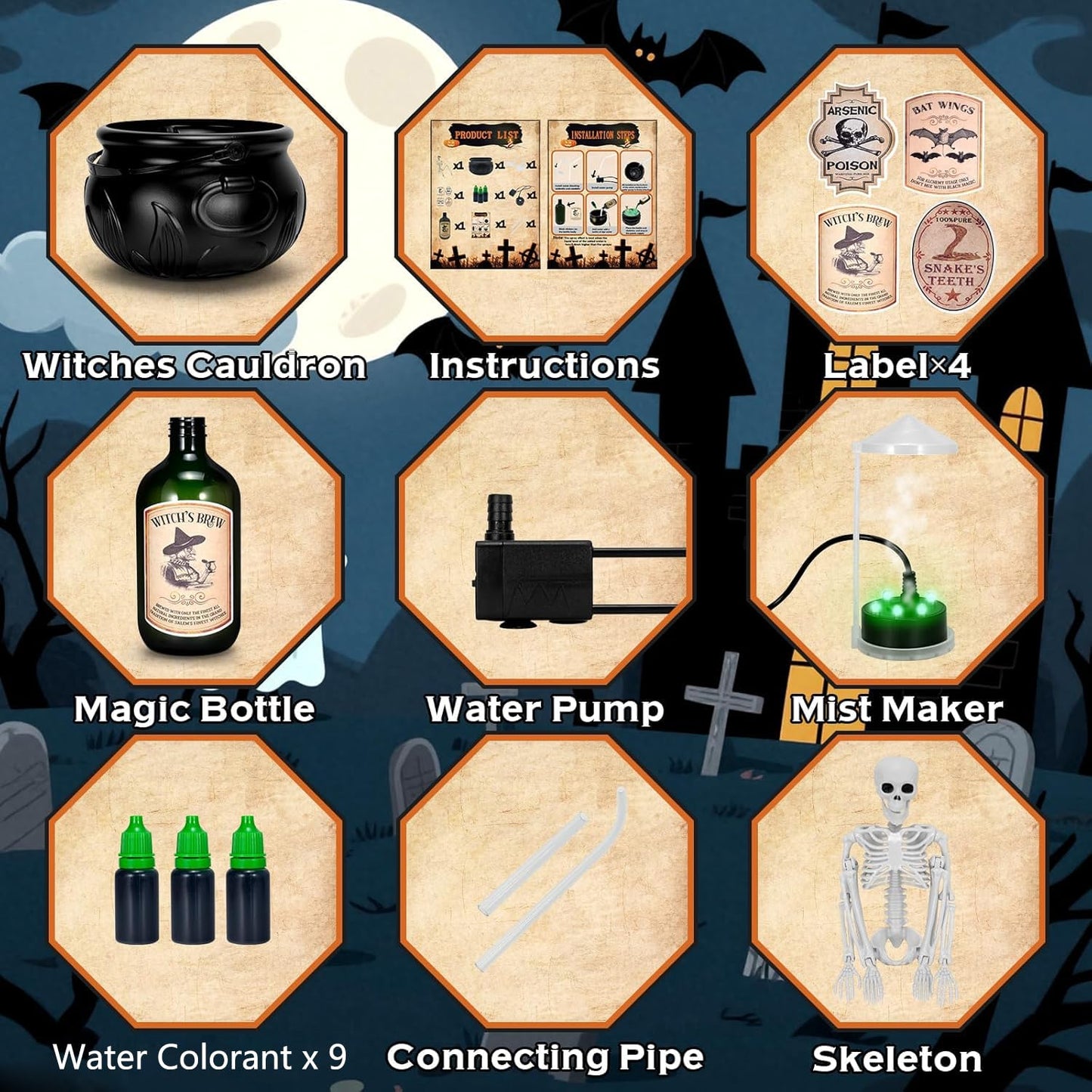 Nollapo Halloween 10” Floating Potion Cauldron Set with Mist Maker - DIY Spooky Witch Cauldron Décor with 9 Colorant Bottles (10")