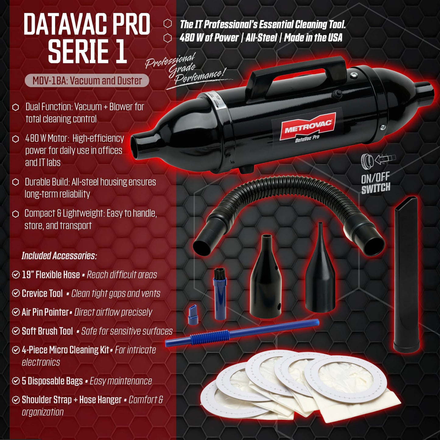 METROVAC Elektrischer DataVac Pro Serie | Modell MDV-1BA | Computerstaubsauger | Gebläse | Reiniger | Staubwedel | Hergestellt in den USA