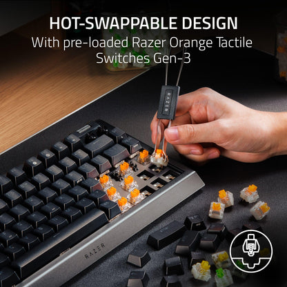 Razer BlackWidow V4 Mini HyperSpeed ​​Kabellose Hot-Swap-fähige 65%-Gaming-Tastatur: HyperSpeed ​​Wireless &amp; Bluetooth 5.0 – Taktile und leise orangefarbene Schalter – Phantom Pudding-Tastenkappen – 200 Stunden Akkulaufzeit