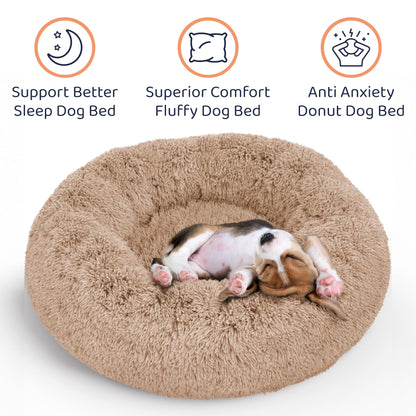 Petloox Donut Dog Bed - Premium Comfort for Anxiety Relief - Fluffy & Calming Design with Ultra-Plush Support | Cozy Round Dog Bed with Super Soft Circle Style (Size M Camel)