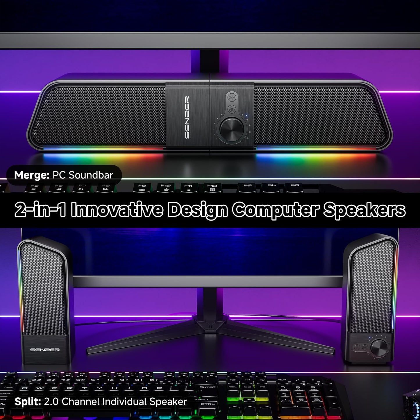 SENZER CS20 2 in 1 Bluetooth Computer Speakers for Desktop, USB Plug & Play Clear Sound PC Speakers with RGB Light, Monitor Sound Bar with Volume Knob, Gaming Speaker for PC Laptop Phone Tablet