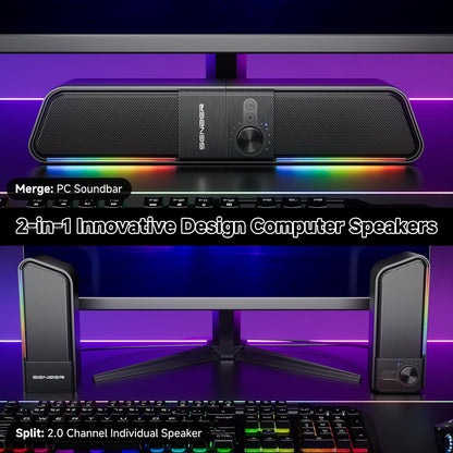 SENZER CS20 2 in 1 Bluetooth Computer Speakers for Desktop, USB Plug & Play Clear Sound PC Speakers with RGB Light, Monitor Sound Bar with Volume Knob, Gaming Speaker for PC Laptop Phone Tablet