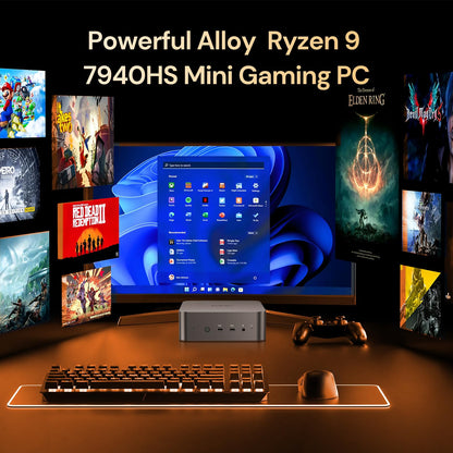 Reatan Mini-PC Gaming AI AMD Ryzen 9 7940HS 64 GB DDR5 2 TB (2 x 1 TB) NVMe SSD 5600 MHz RAM, Desktop-Mini-Computer, Radeon 780M Grafik, 2,5 Gbit/s LAN, USB 4.0, HDMI 2.1, 8K USB 4.0 Wi-Fi 6E/BT 5.3