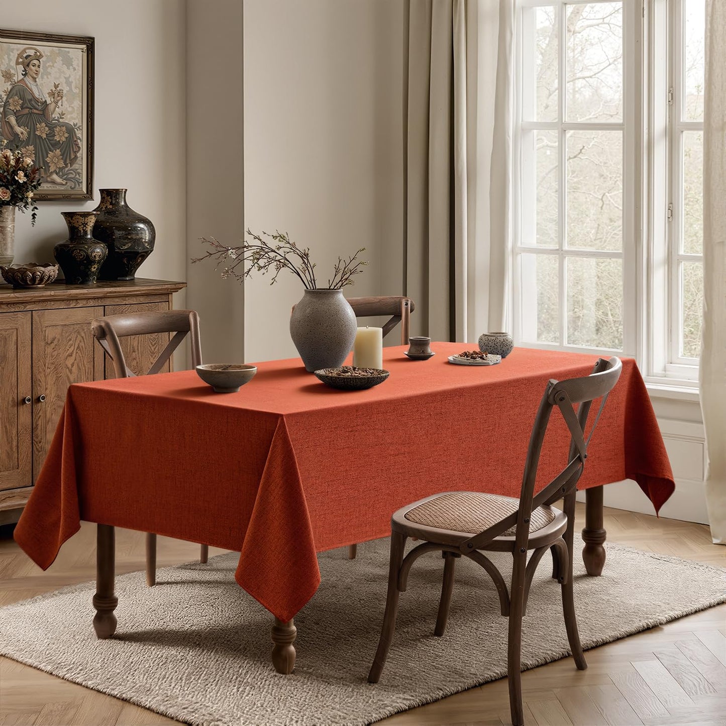 MIULEE Burnt Orange Linen Polyester Tablecloth Fall Thanksgiving 60x84 Inch Rectangle Table Cloth Waterproof,Stain Resistant & Wrinkle Resistant for Dining Party Wedding