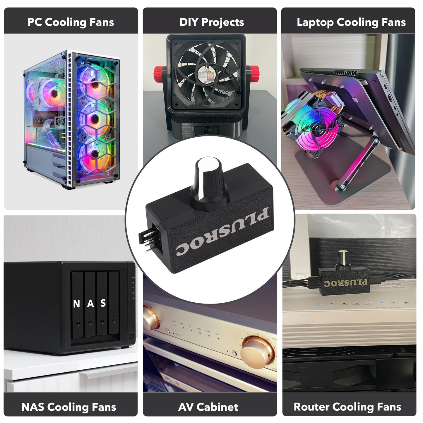 PlusRoc 12V PWM PC Fan Controller with USB Type-C Power Cable & 4-Pin 4-Way Fan Hub Splitter, DC 12V Fan Speed Controller, 8W Output(Lite)