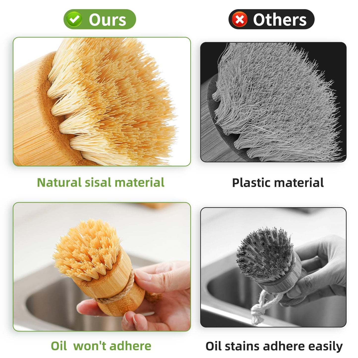 SUBEKYU Bamboo Dish Scrub Brush for Kitchen Sink, Natural Wooden Washing Dish Brush Scrubber with Sisal Bristles for Household Cleaning, Cast Iron Pots, Pans and Vegetables