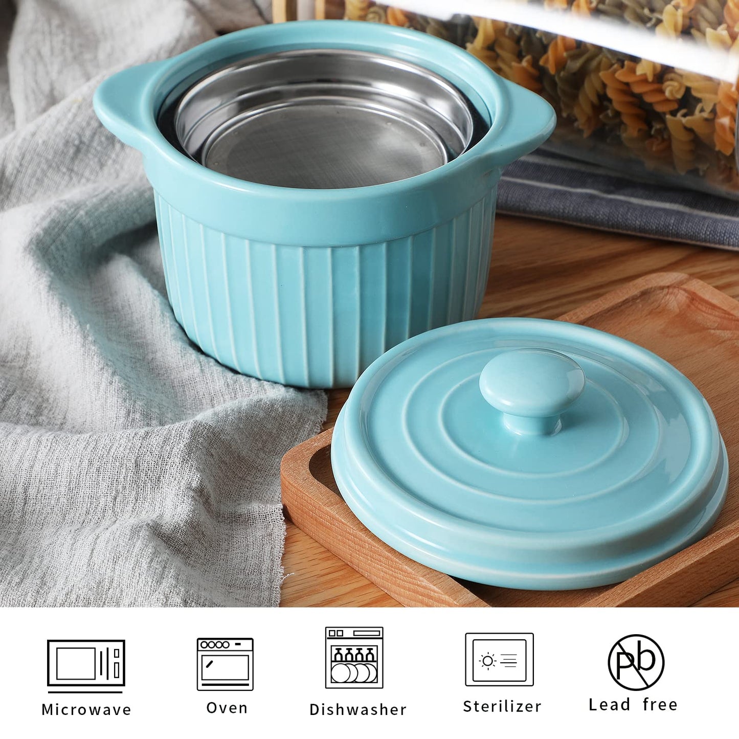 ONTUBE Ceramic Bacon Grease Container Keeper with Strainer, Frying Oil Storage Can, Turquoise
