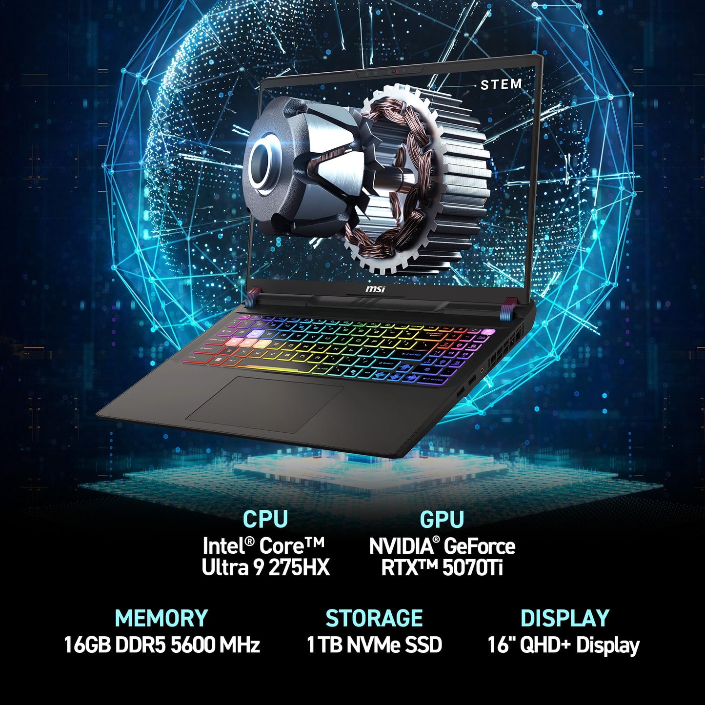 MSI Vector 16 HX AI 16" 240Hz QHD+ Gaming-Laptop: Intel Core Ultra 9-275HX, NVIDIA GeForce RTX 5070Ti, 16 GB DDR5, 1 TB NVMe SSD, Thunderbolt 5, Wi-Fi 7, Windows 11 Home: Cosmo Gray A2XWHG-211US