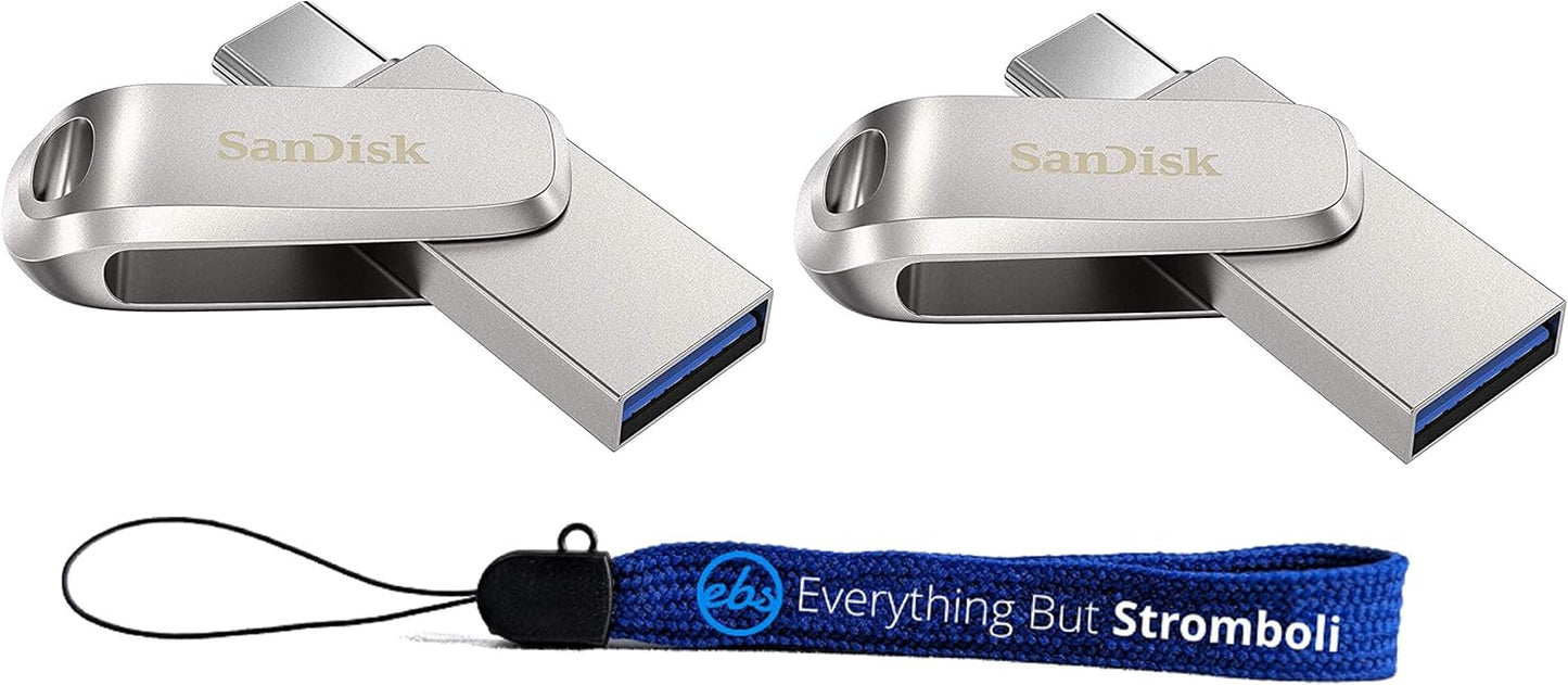 SanDisk 1TB Flash Drive (Bulk 2 Pack) Ultra Dual Drive Luxe USB Type-C for Smartphones, Tablets, and Computers - High Speed USB 3.1 (SDDDC4-1T00-G46) Bundle with (1) Everything But Stromboli Lanyard