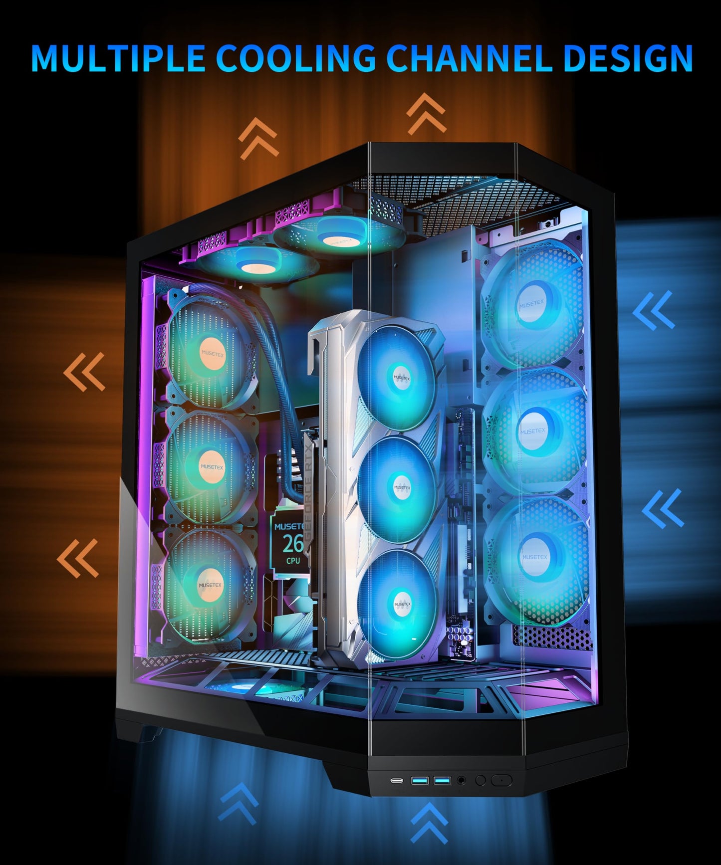 MUSETEX PC Case, Vertical GPU Mounting Design, Pre-Installed 5 PWM ARGB Fans, 360MM RAD Support, ATX Mid-Tower Gaming PC Case with Type-C, 270° Full View Tempered Glass, Black, GR3