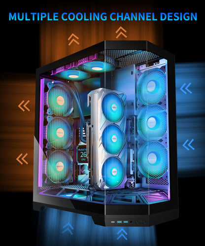 MUSETEX PC Case, Vertical GPU Mounting Design, Pre-Installed 5 PWM ARGB Fans, 360MM RAD Support, ATX Mid-Tower Gaming PC Case with Type-C, 270° Full View Tempered Glass, Black, GR3