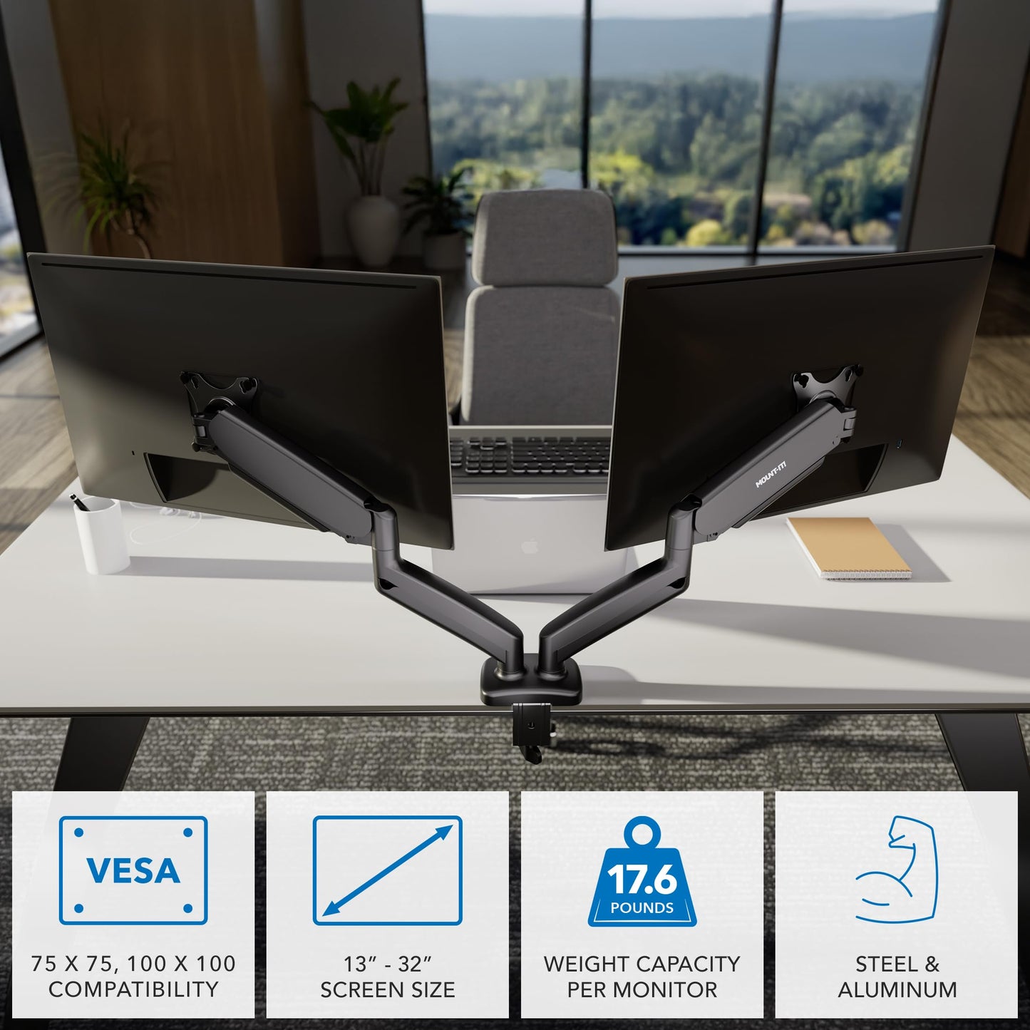 Mount-It! Dual Monitor Desk Mount - Full Motion Gas Spring Arms, Fits 13 to 32 Inch Screens, Holds 17.6 lbs per Arm, Dual Monitor Stand, VESA Mount, C-Clamp & Grommet Base