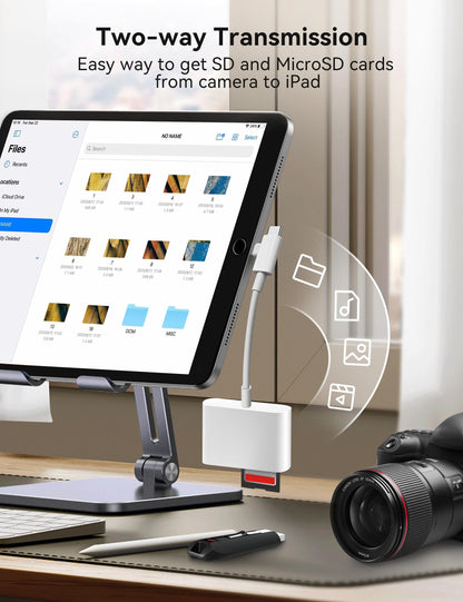 OPxjzws SD Card Reader for iPhone, SD Card Adapter with Lightening & USB C Dual Connectors Plug&Play Supports microSD, SD and USB-A OTG, Portable Trail Camera Memory Reader for iPhone Mac MacBook iPad