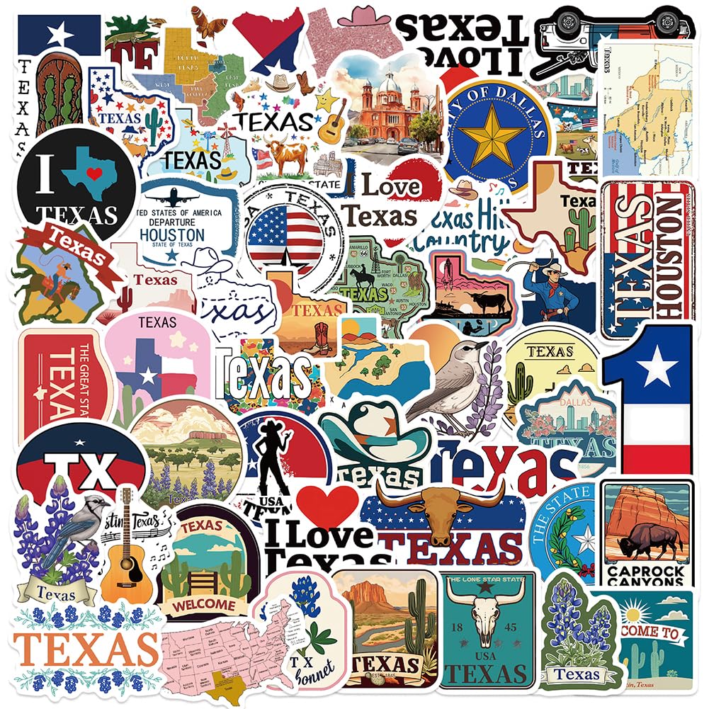 Texas Stickers |55Pcs TX Travel Waterproof Vinyl Decals for Water Bottles Cup Computer Mobile Phone Skateboard Guitar
