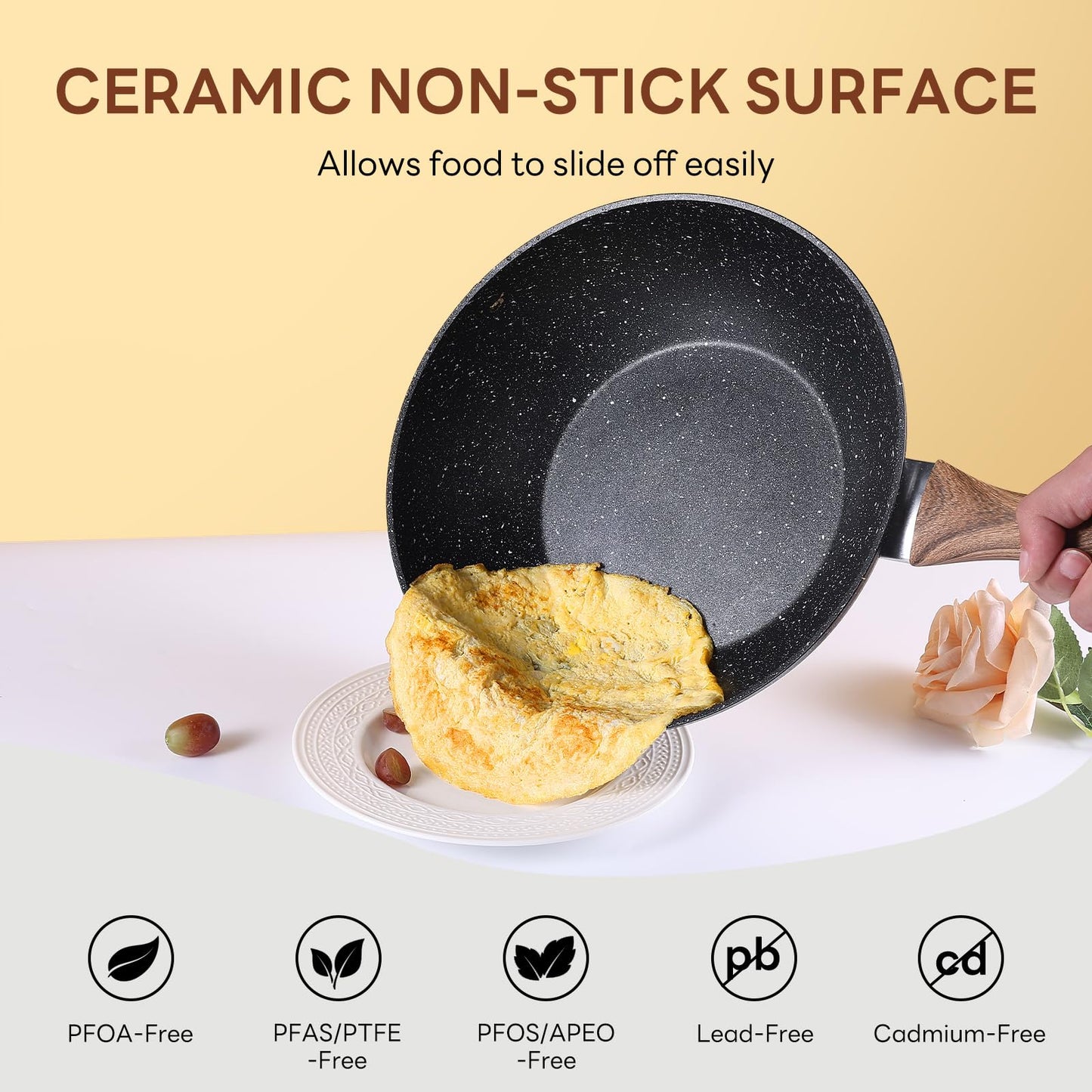 Sweetcrispy 17 Pcs Nonstick Pots and Pans, Non-toxic Kitchen Cooking Set with Stay-Cool Handles, Natural Black