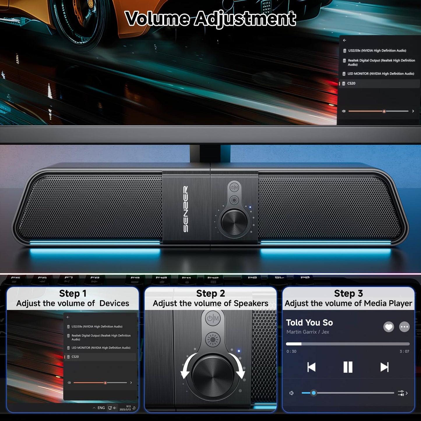 SENZER CS20 2 in 1 Bluetooth Computer Speakers for Desktop, USB Plug & Play Clear Sound PC Speakers with RGB Light, Monitor Sound Bar with Volume Knob, Gaming Speaker for PC Laptop Phone Tablet