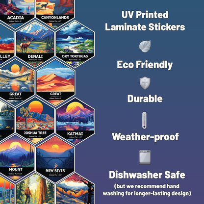 National Park Water Bottle Stickers - All 63 Parks, 1.5 inch Vinyl - Waterproof, Fade-Resistant Decals for Water Bottles, Laptops, Journals, Gear - for Travelers, Students, and Outdoor Enthusiasts