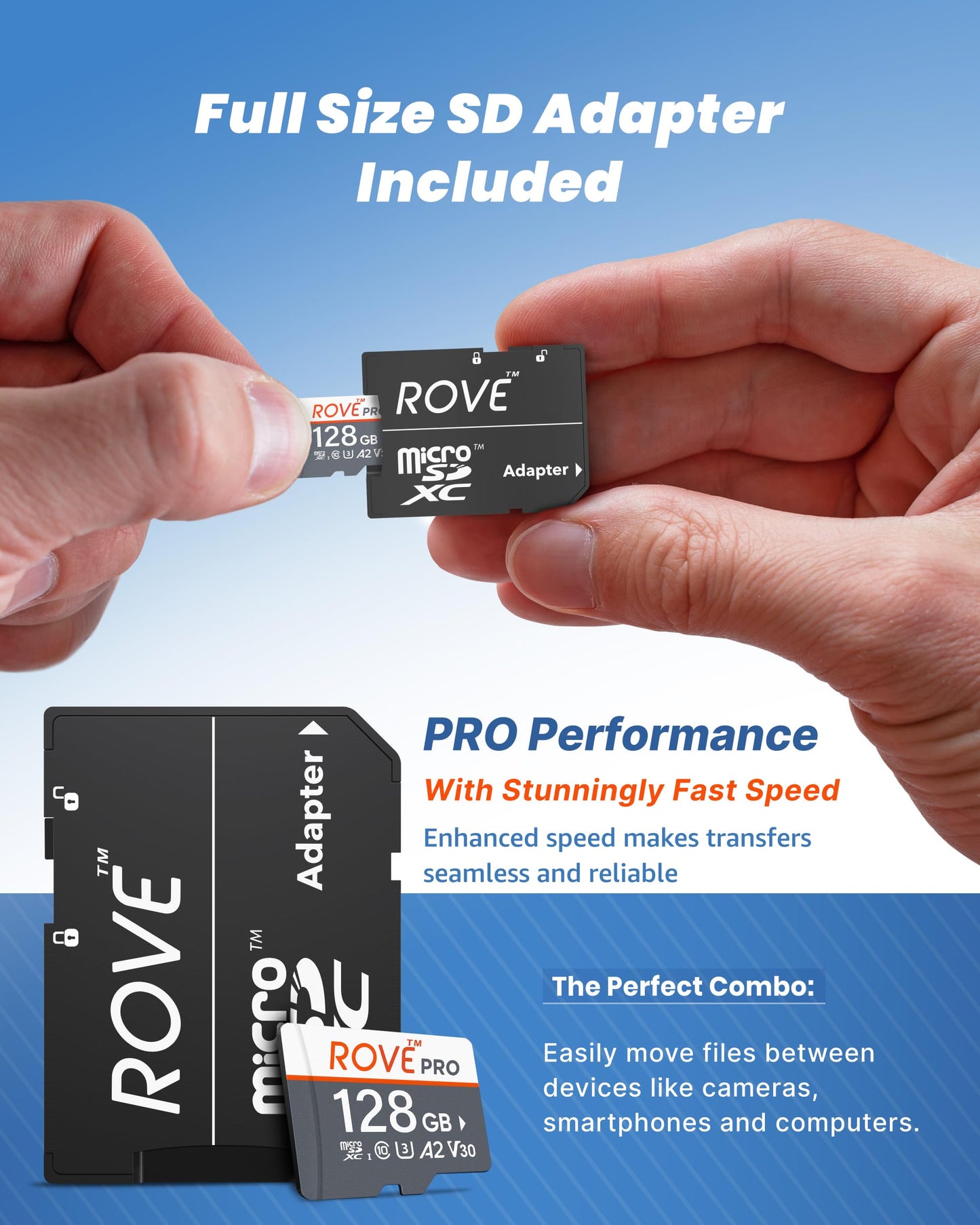 ROVE PRO Micro SD Card microSDXC 128GB Memory Card with Full-Size SD Adapter 100MB/s Read Speed, C10, U3, V30, 4K, A2 for Dash Cam, Android Smart Phones, Tablets, Games