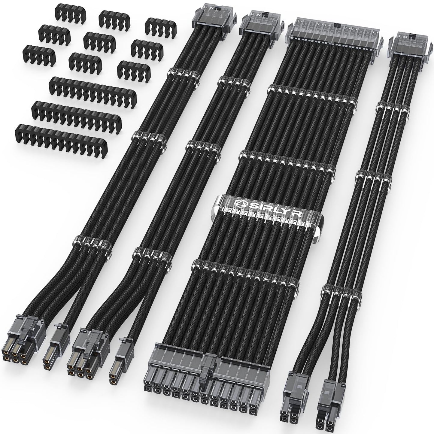 Sirlyr Transparent Connector PSU Cable Extension Kit Customed PC Power Supply Extend Mod 16AWG with 24 Pin ATX × 1/8 Pin EPS × 1/ Gold-Plated 8Pin Pcie × 2,Soft Nylon Braided Black