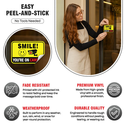 Sticky Expressions | 6 Pcs Smile You're On Camera Stickers, Two Sizes (2 Large, 4 Medium) - Strong Adhesive, Waterproof You are On Camera Signs! Anti Theft Car Stickers. Perfect for Security