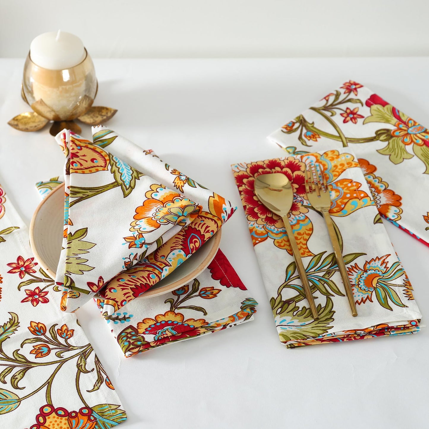 TARAN LIVING Napkins Fall Printed Cotton Cloth Napkin Reusable Boho Dinner Napkin Set Washable Dish Napkin for Gifts, Home Decor, Hotel, New Year Party - Kaveri - Set of 6, 20x20 Inches