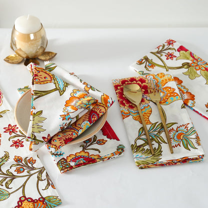 TARAN LIVING Napkins Fall Printed Cotton Cloth Napkin Reusable Boho Dinner Napkin Set Washable Dish Napkin for Gifts, Home Decor, Hotel, New Year Party - Kaveri - Set of 6, 20x20 Inches