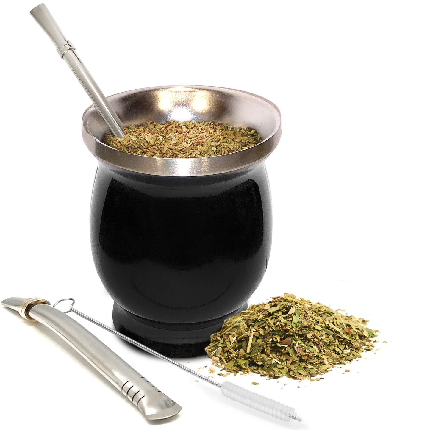Norte Yerba Mate Tassen-Set, 237 ml (8 oz) Traditionelles Mate-Tee-Tassen-/Kalebasse-Set | Inklusive 2 Bombillas (Yerba-Mate-Strohhalm) &amp; Reinigungsbürste, Edelstahlbecher, doppelwandig, leicht zu reinigen | Schwarz