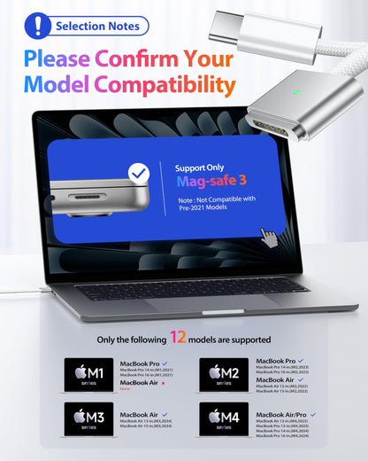 Stouchi USB-C auf Magnetkabel 3 (2 m), 140 W Schnellladefunktion für MacBook Air (15"/13" M4 2025, M3 2024, M2 2023, M2 2022), Pro (16"/14" 2024/2023/2021) – Weiß