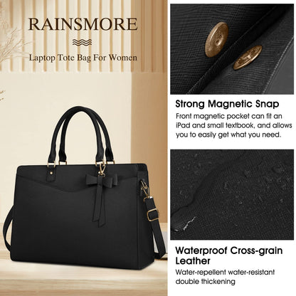 RAINSMORE Laptoptasche für Damen, 15,6 Zoll, PU-Tragetasche, Business-Bürotasche, wasserdichte Aktentasche, Computertasche, leichte Handtasche, Schultertasche, Schwarz
