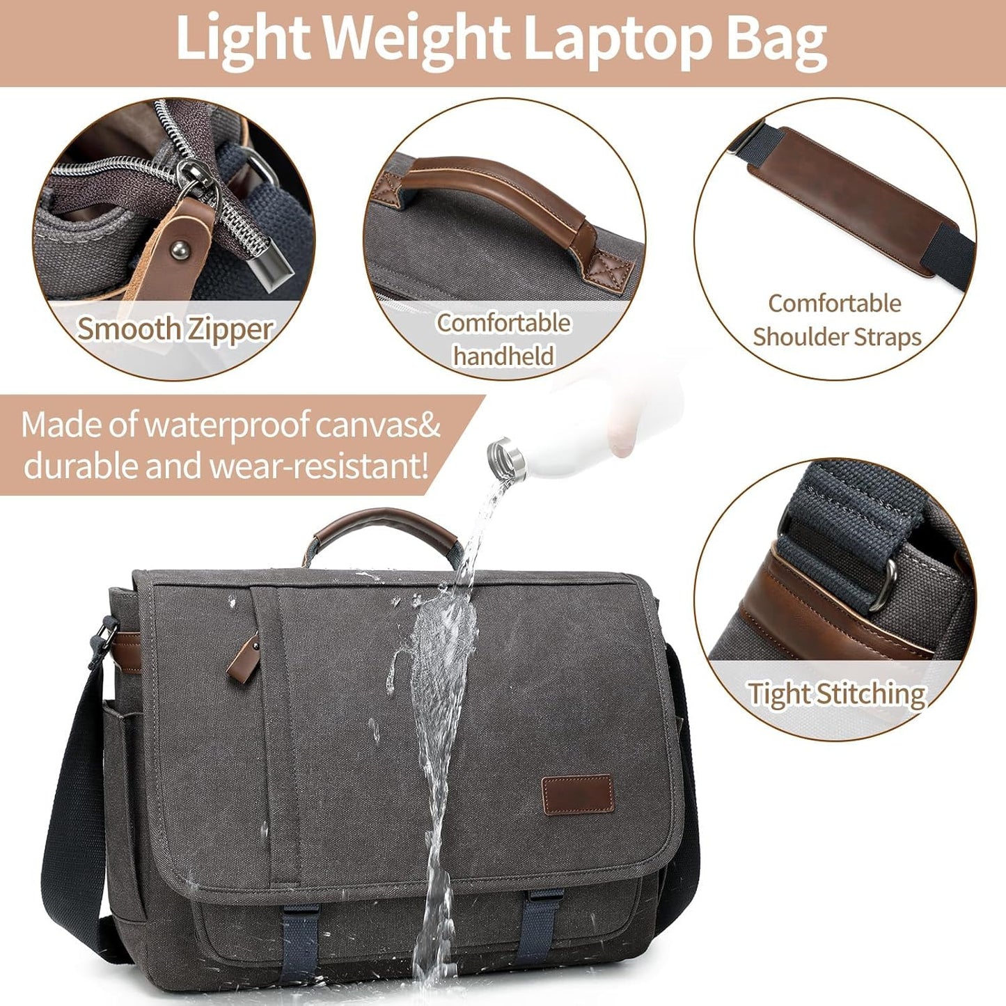 PPOBOW Canvas Messenger Bag for Men Waterproof Business Bags for Men Vintage Canvas Laptop Bag (Grey)