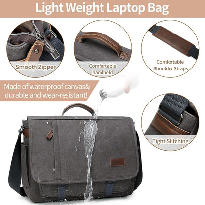 PPOBOW Canvas Messenger Bag for Men Waterproof Business Bags for Men Vintage Canvas Laptop Bag (Grey)