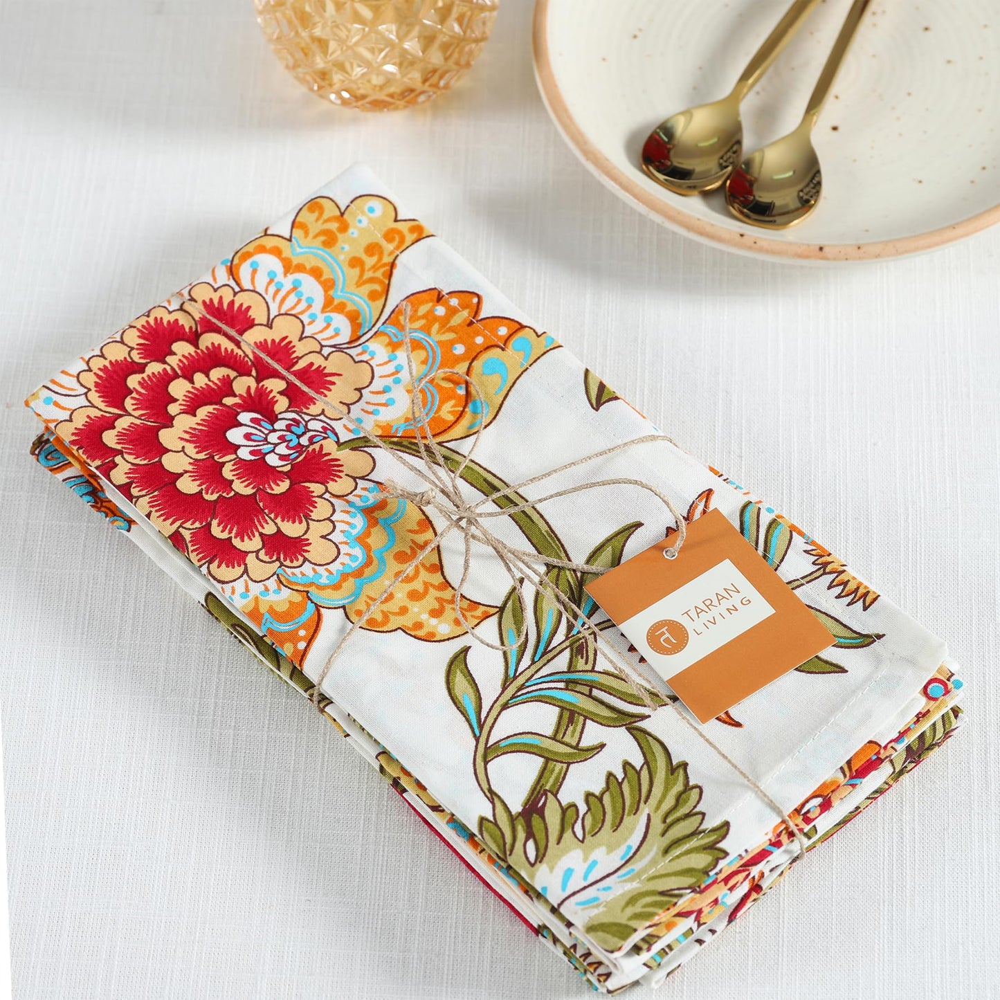 TARAN LIVING Napkins Fall Printed Cotton Cloth Napkin Reusable Boho Dinner Napkin Set Washable Dish Napkin for Gifts, Home Decor, Hotel, New Year Party - Kaveri - Set of 6, 20x20 Inches