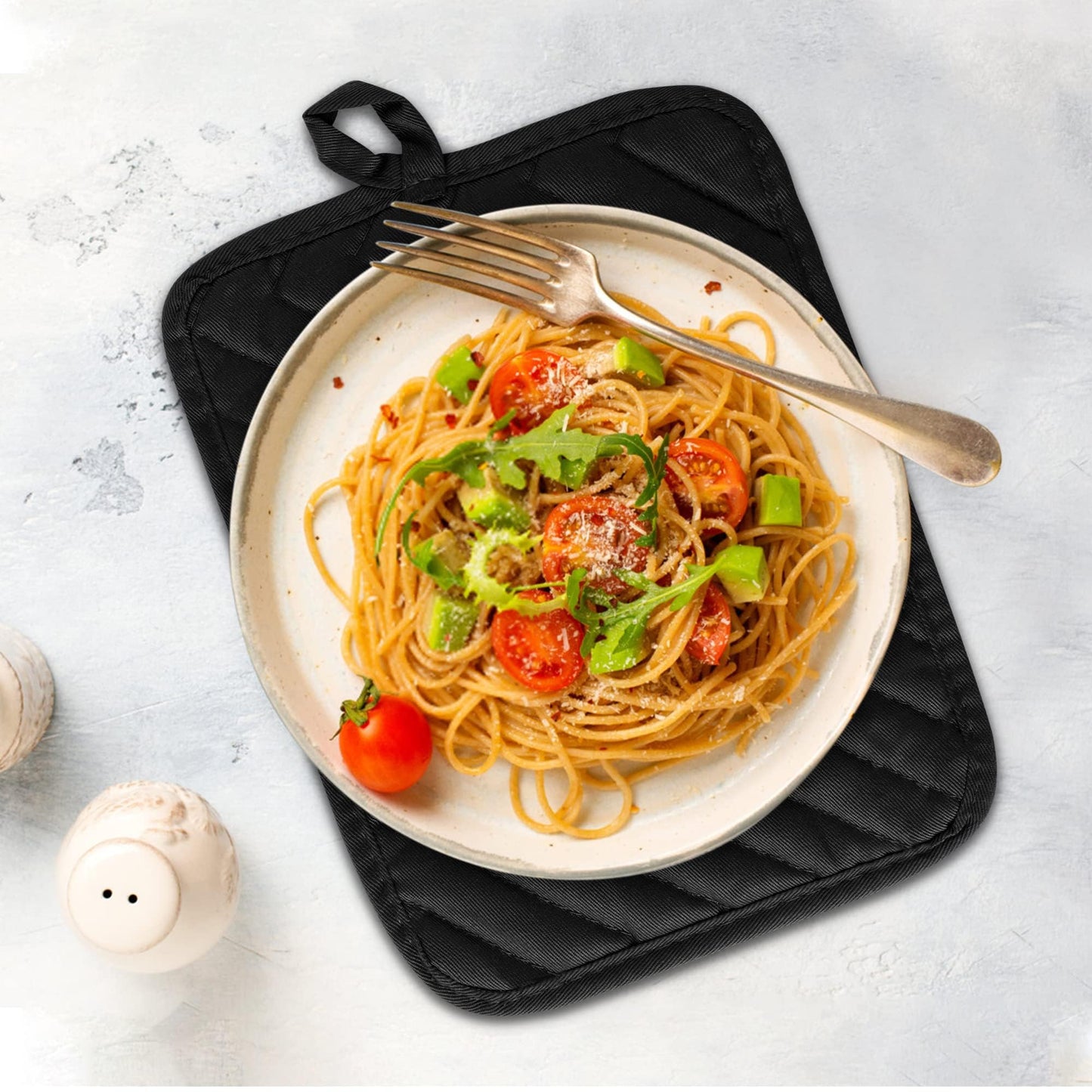 R HORSE 6-teiliges Topflappen-Set mit Tasche für die Küche, schwarze Topflappen aus Baumwolle, hitzebeständig, Frottee-Untersetzer, Topflappen, Ofenhandschuhe, Topfuntersetzer zum Backen und Kochen, 18 x 23 cm