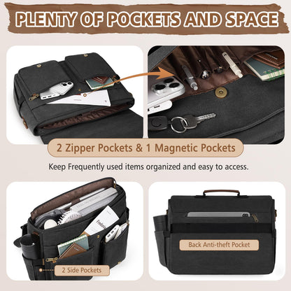 RAINSMORE Messenger Bag für Herren, 15,6–17,3 Zoll Laptoptasche, wasserabweisende Canvas-Aktentasche, große Computertasche, Schultertasche für Arbeit, Uni und Reisen, Schwarz