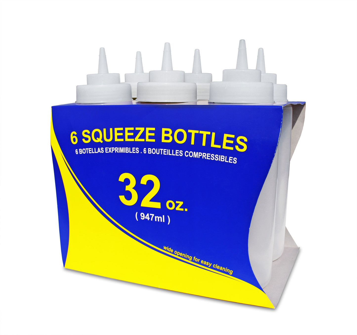 New Star Foodservice Squeeze Bottles, Plastic, Wide Mouth, 32 oz, Clear, Pack of 6