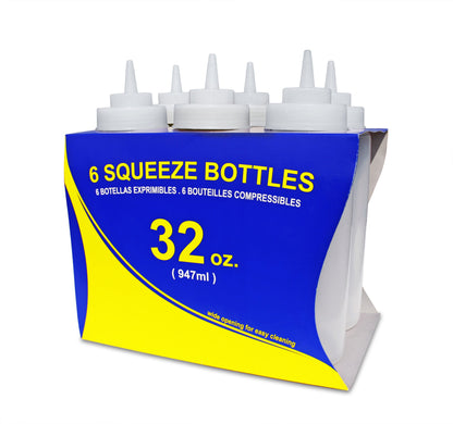 New Star Foodservice Squeeze Bottles, Plastic, Wide Mouth, 32 oz, Clear, Pack of 6