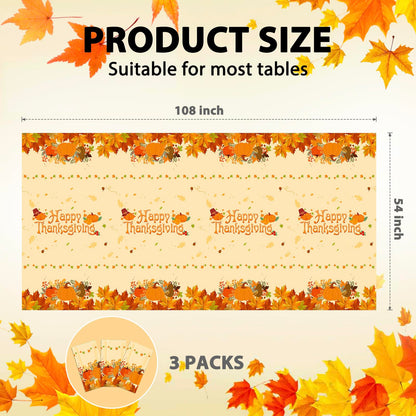 SUNCHARM Thanksgiving Tablecloth Disposable 3pcs - Plastic Thanksgiving Tablecloth Rectangle Fall Table Cloth Autumn Harvest Pumpkin Tablecover Table Cover for Dinner Party Decor 54x108 inches
