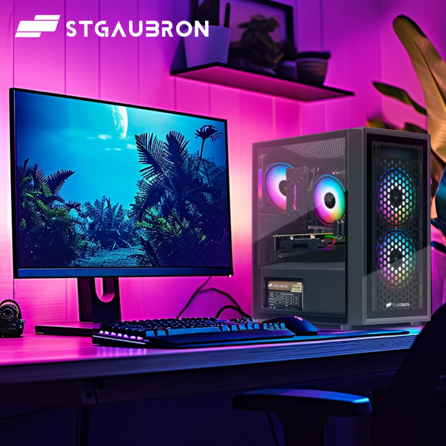STGAubron Gaming PC Computer Desktop, Intel i7 Xeon E5, Radeon RX 550 4G, 16GB RAM, 512GB SSD, WiFi, BT 5.0, RGB Fan x3, Windows 11 Home, Gaming Computer Tower for Gamer,Streaming