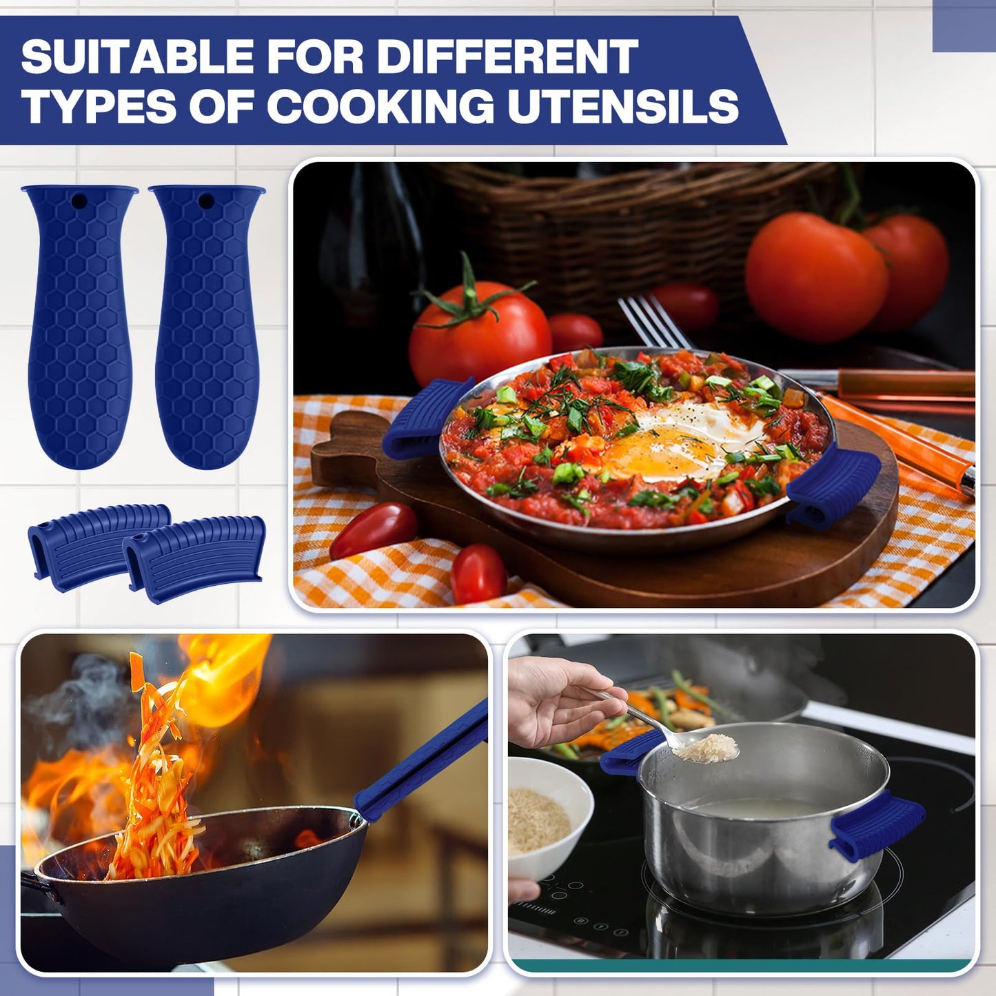 Patelai 8 Pcs Silicone Pot Holders Set Cast Iron Handle Cover Heat Resistant Pot Handle Covers Potholder Non Slip Reusable Pan Sleeve for Frying Pan Kitchen Supplies(Black)