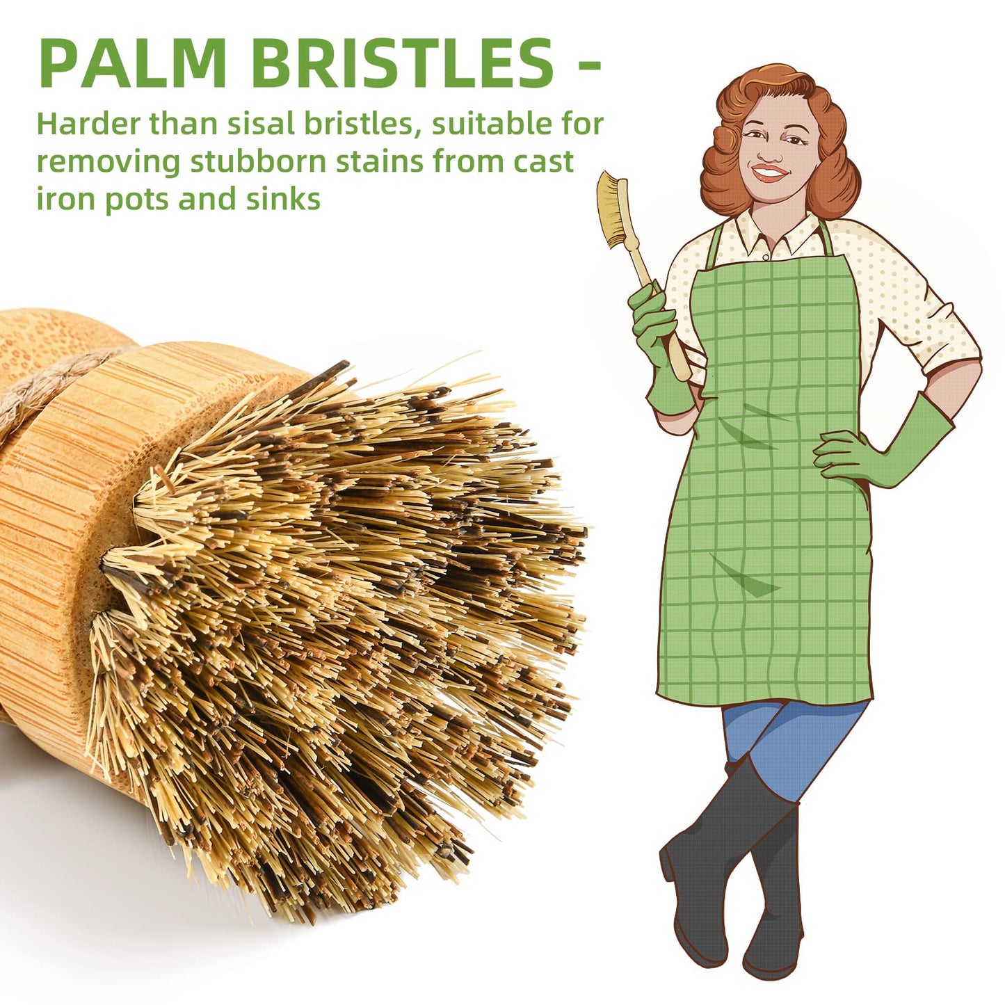 SUBEKYU Bamboo Dish Scrub Brush for Kitchen Sink, Natural Wooden Washing Dish Brush Scrubber with Sisal Bristles for Household Cleaning, Cast Iron Pots, Pans and Vegetables