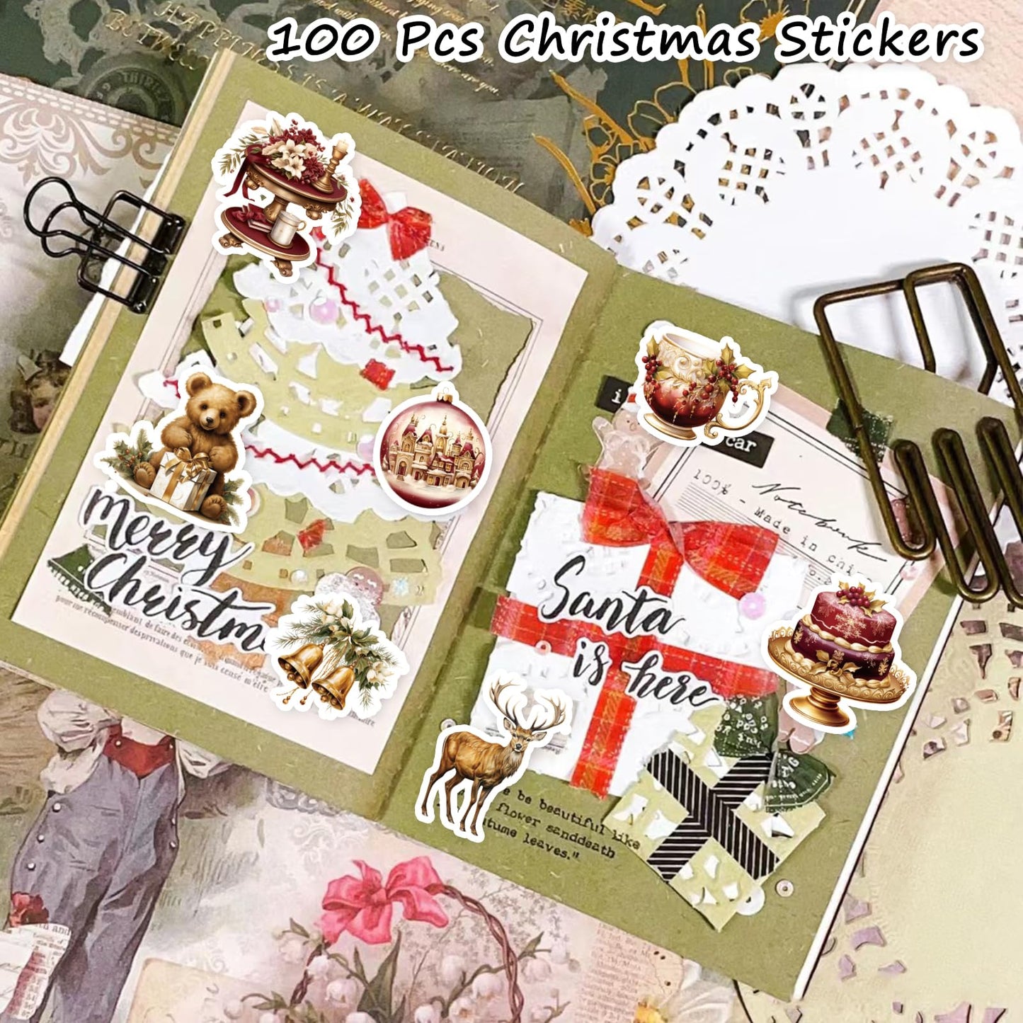 Prstincol 100 Pcs Vintage Christmas Stickers.Waterproof Santa Stickers for Scrapbook Junk Journal Collage DIY Crafts,Vinyl Winter Holiday Stickers for Water Bottles Laptops,Phone Case