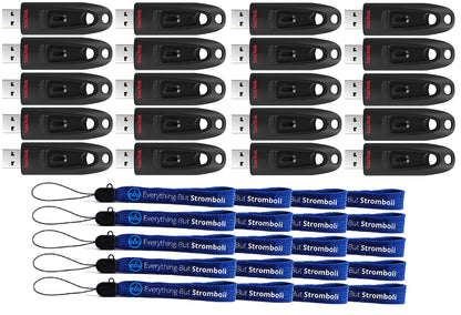 SanDisk 128GB Flash Ultra 3.0 USB Flash Drive 20 Pack High Performance Thumb Drive (SDCZ48-128G-U46) Bundle with 20 Everything But Stromboli Lanyards