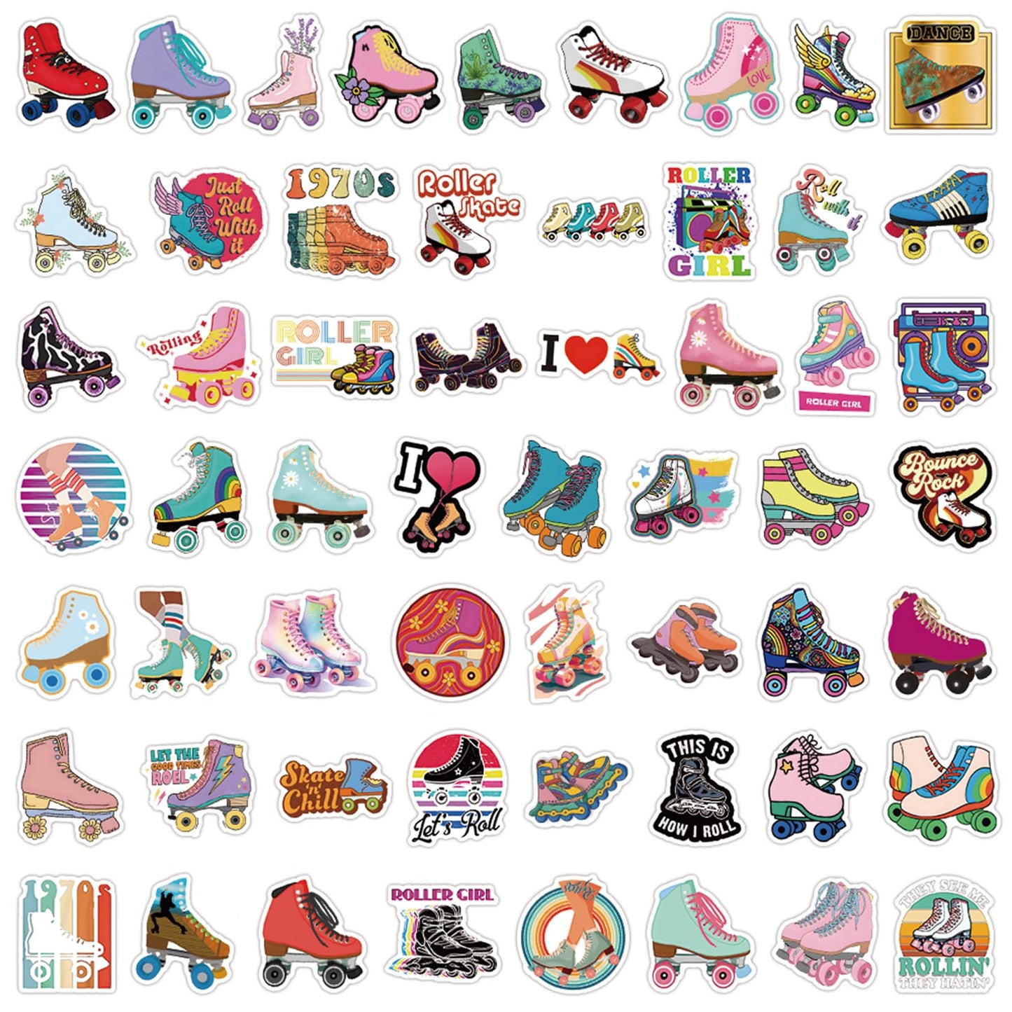 Roller Skating Stickers for Kids 55Pcs Love Rollerblade Waterproof Vinyl Decals for Cup Water Bottles Laptop Luggage Computer Mobile Phone Guitar Skateboard Luggage Phone Case Bicycle Decoration