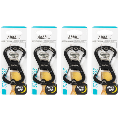 Nite Ize Ahhh... Edelstahl-Flaschenöffner - Schlüsselanhänger mit S-Biner-Funktion - Robuster Doppelflaschenöffner-Karabiner - Schlüsselanhänger-Zubehör - Schwarz, 4 Stück (4er-Pack)