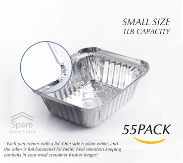 Spare Essentials 55 Pack - Small Foil Pans with Lids - To Go Food Containers with Lids 1lb Mini Aluminum Pans Freezer Safe Foil Take out Trays Heat proof Aluminum Meal Prep Containers 5.5x4.5x1.9 in