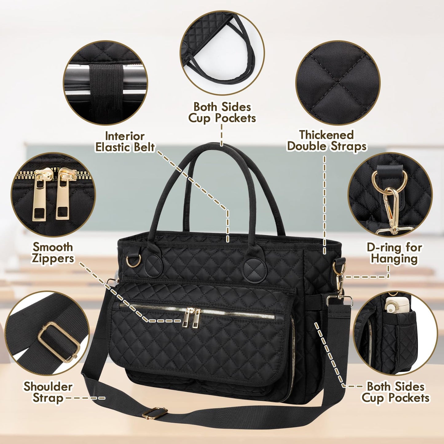 Große Lehrertasche (39,6 cm), geräumige Arbeitstasche mit Laptopfach, gesteppte Umhängetasche mit Schultergurt für Büro, Reisen, Schule und Pflegebedarf, Schwarz