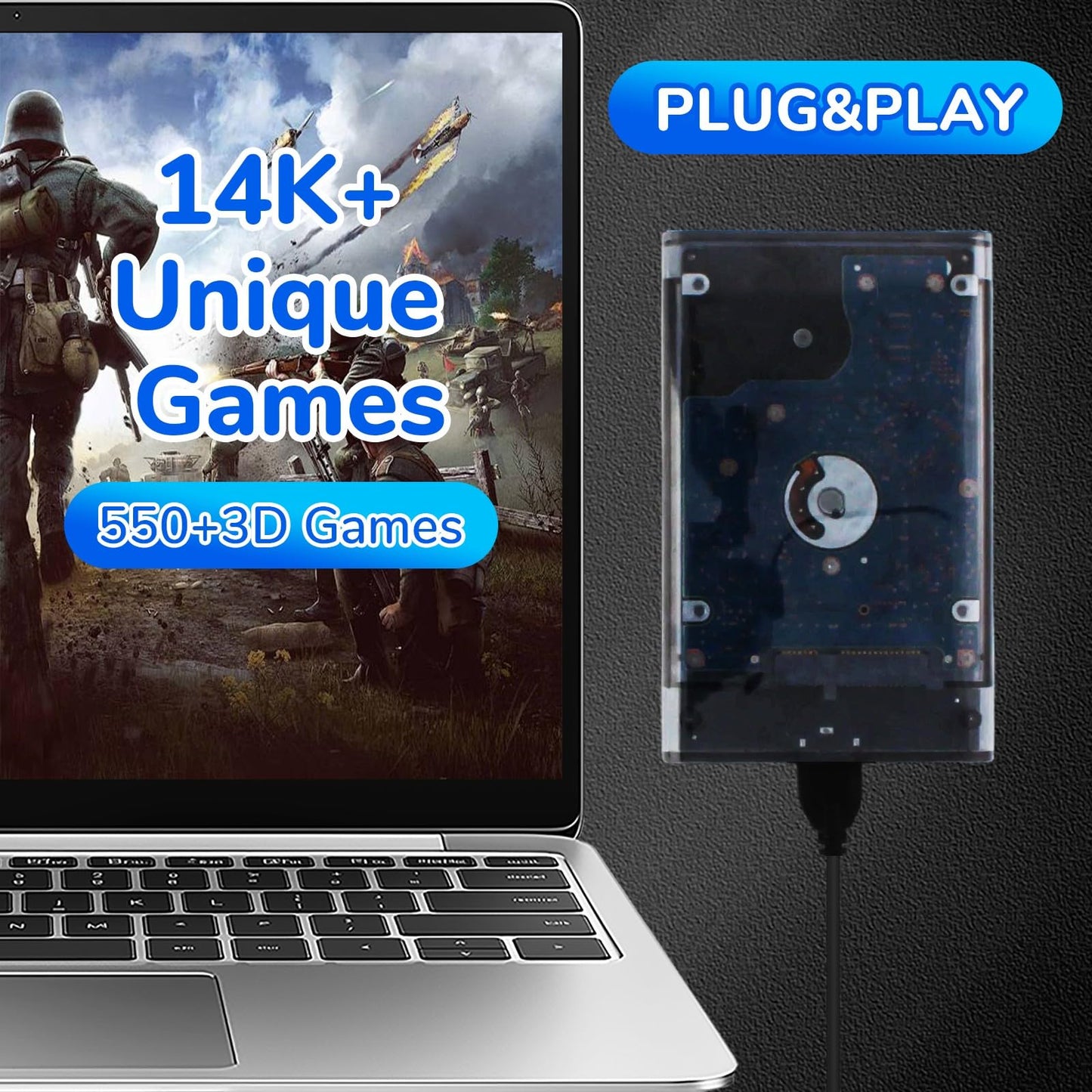 Tragbare Retro-Spielkonsole Batocera v40 mit 500 GB Speicher, Plug &amp; Play, über 14.500 vorinstallierten Spielen (davon über 550 in 3D, keine Duplikate), 39 Systemen – USB-C 3.1 (200 MB/s) für PC/Laptop/Windows-PC