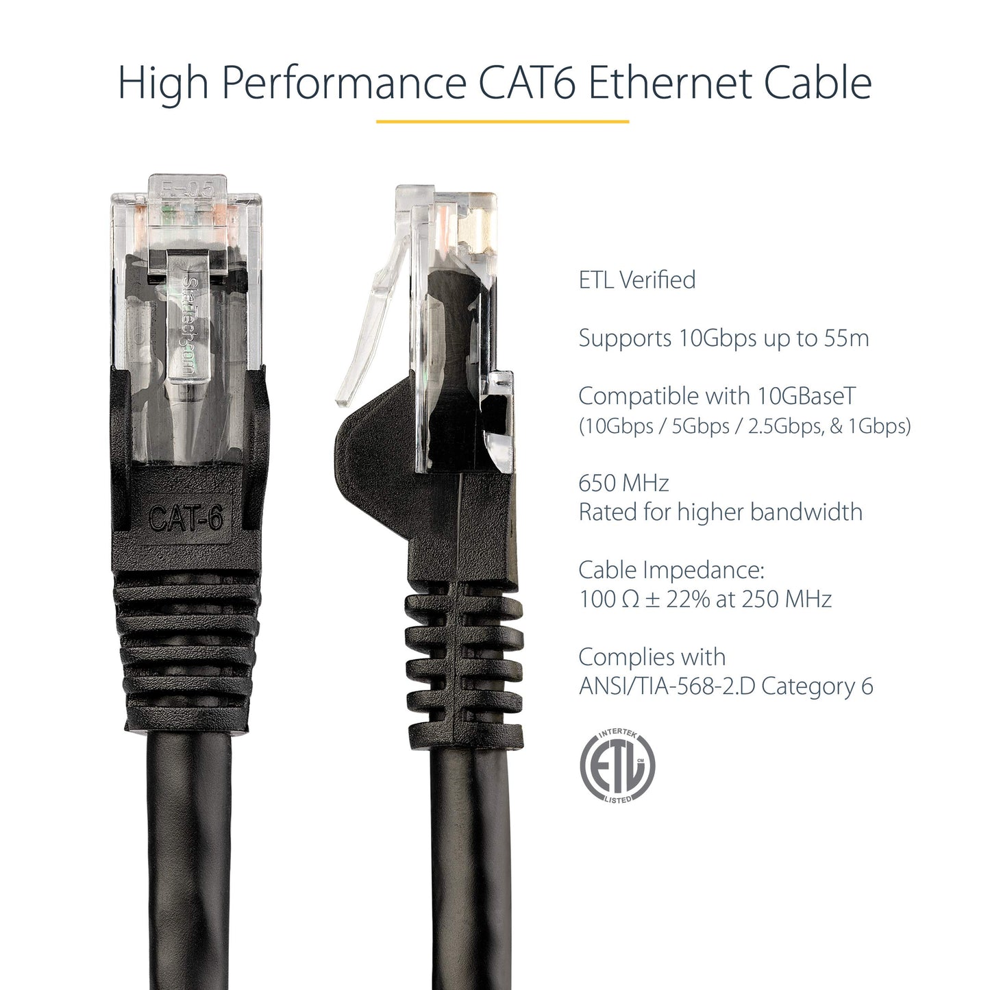 StarTech.com 12ft CAT6 Ethernet Cable - Black CAT 6 Gigabit Ethernet Wire -650MHz 100W PoE RJ45 UTP Network/Patch Cord Snagless w/Strain Relief Fluke Tested/Wiring is UL Certified/TIA (N6PATCH12BK)